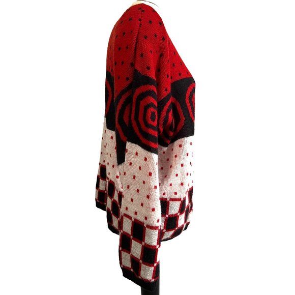 Vintage Geometric Sweater by Alberoy Sz XL Womens Red, White, & Black with Check - Picture 4 of 8